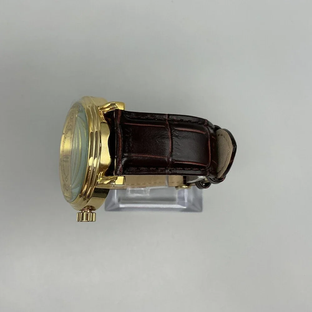 Disney Mickey Mouse Men Watch 43mm Gold Tone Brown Leather P234.85574.4 New Batt